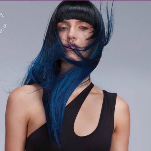 Black and blue long hair with bangs Aveda